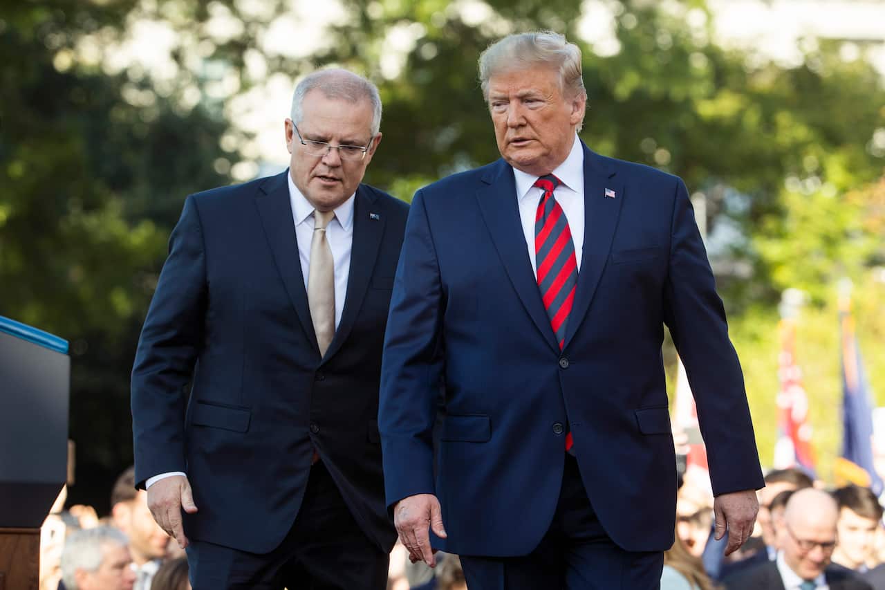 Scott Morrison and Donald Trump walking together