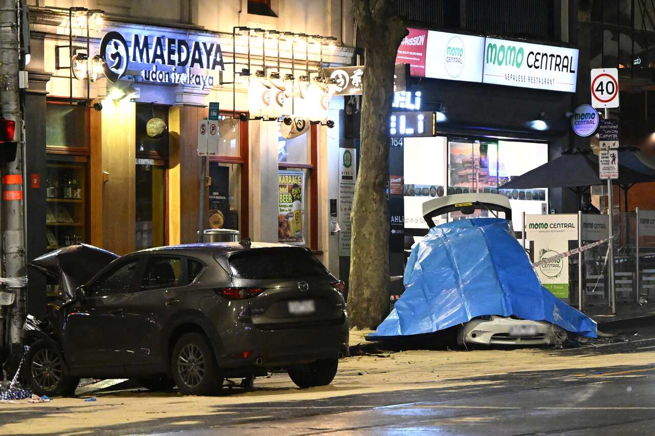 The scene of a multi-vehicle incident involving pedestrians on the corner of Burke and Russell Streets in Melbourne