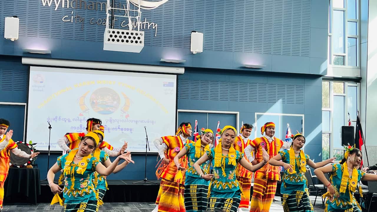 Karen youth performing Karen traditional Don dance at Karen Wrist Tying ceremony on August 23, 2025, in Melbourne.
