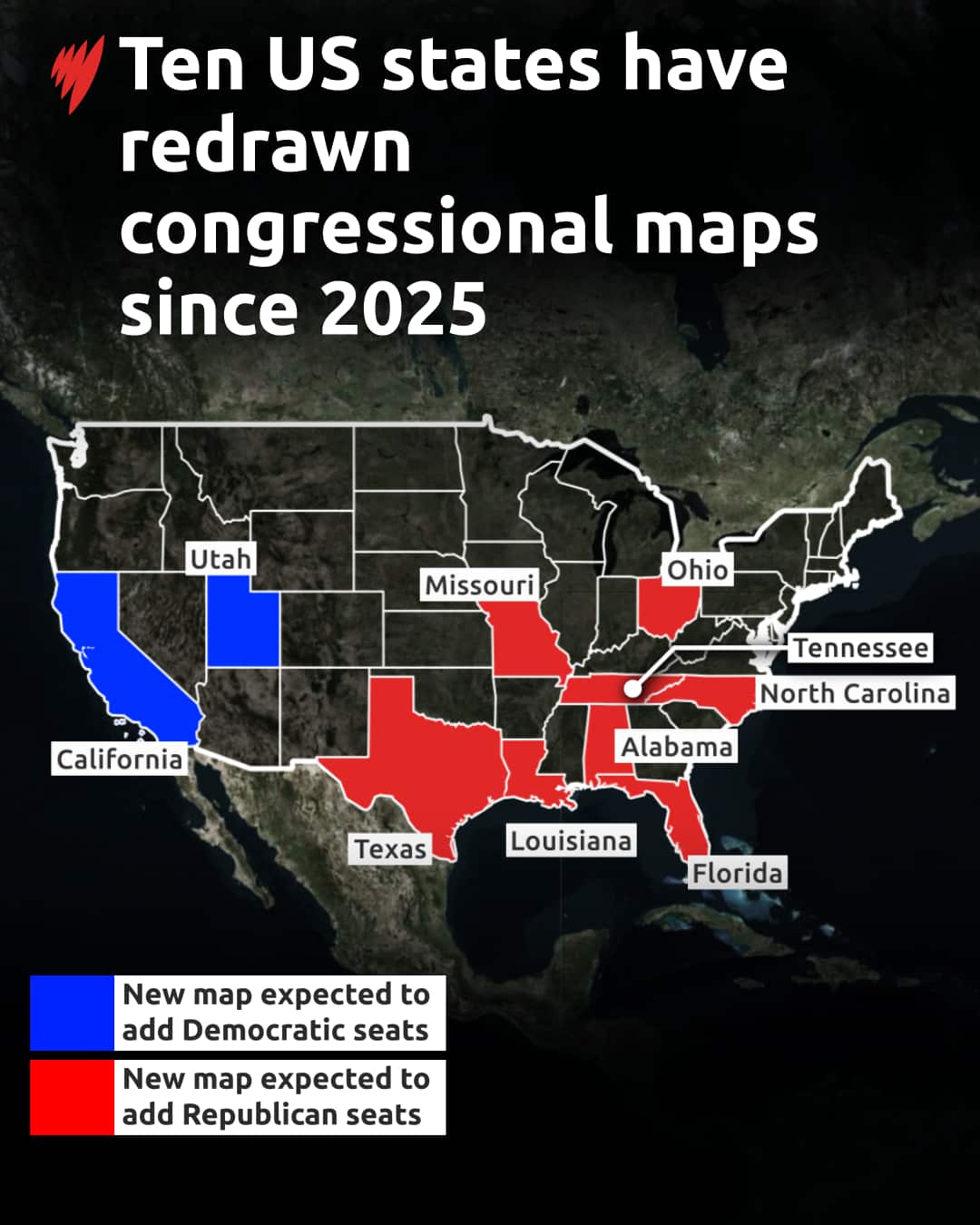 A map showing some US states highlighted in blue or red to indicate if they've had maps redrawn and which party the new map favours.