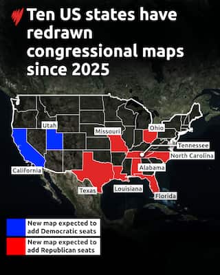 A map showing some US states highlighted in blue or red to indicate if they've had maps redrawn and which party the new map favours.