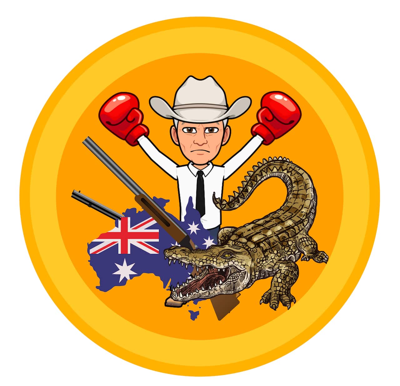 A mock-up of a coin featuring an avatar of a man wearing a hat and boxing gloves with his hands in the air. A crocodile with its mouth open and a map of Australia are beneath him.