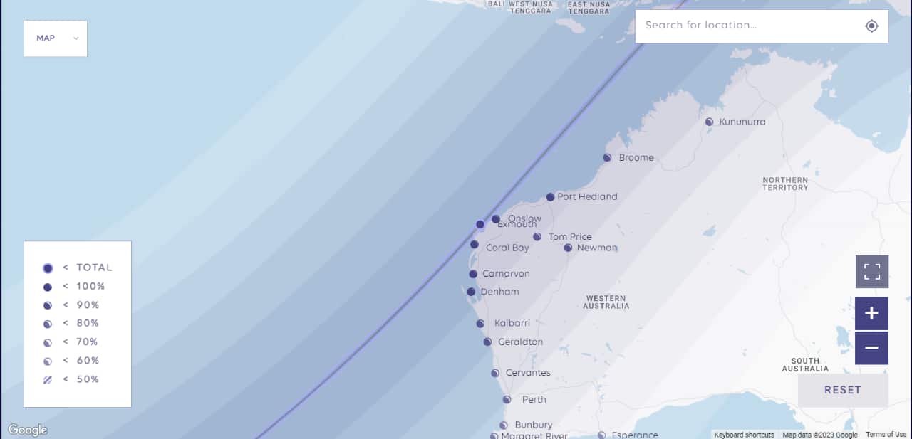 A map highlighting locations in Western Australia