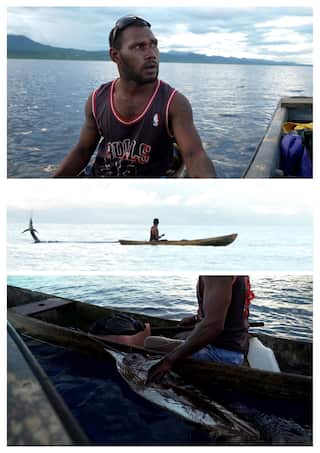 A composite photo showing a Solomon Islander man wearing a singlet and sitting in a canoe, and the same man holding a large fish.