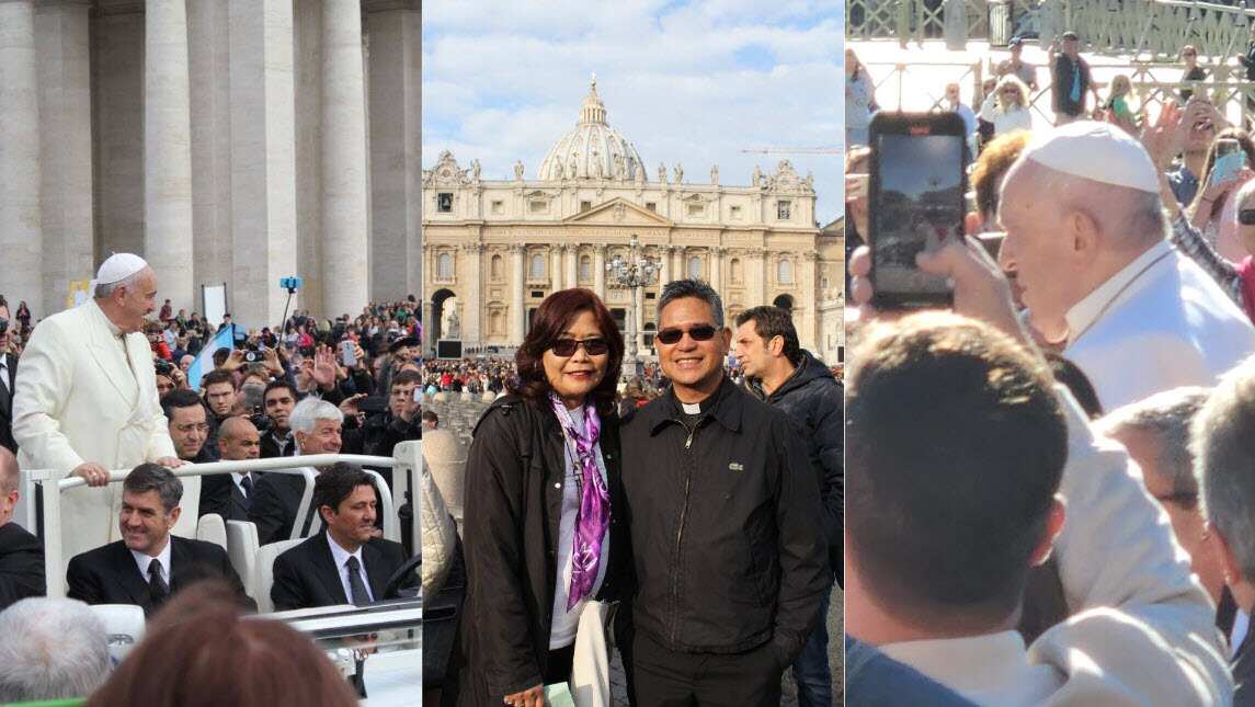 Violi Calvert (middle photo) with friend, Father Vladimir Echalas attending the Papal mass in Vatican City.