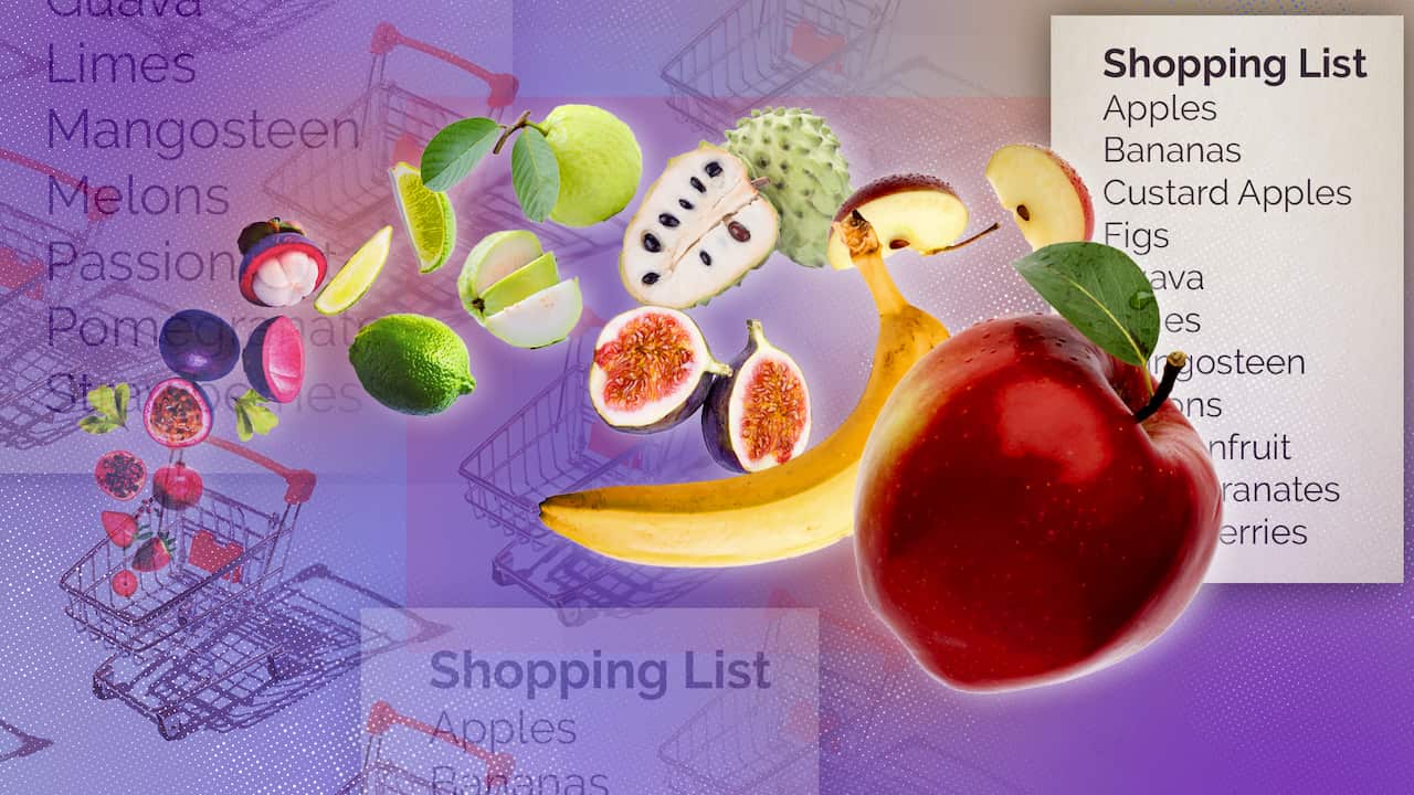 Shopping trolleys, a shopping list full of fruits in season for Autumn and those fruits scattered