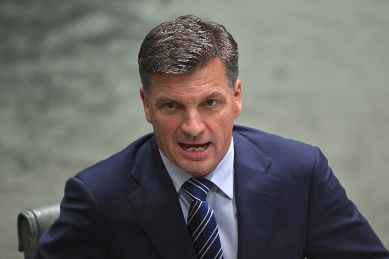 Angus Taylor sitting in a suit and tie and talking