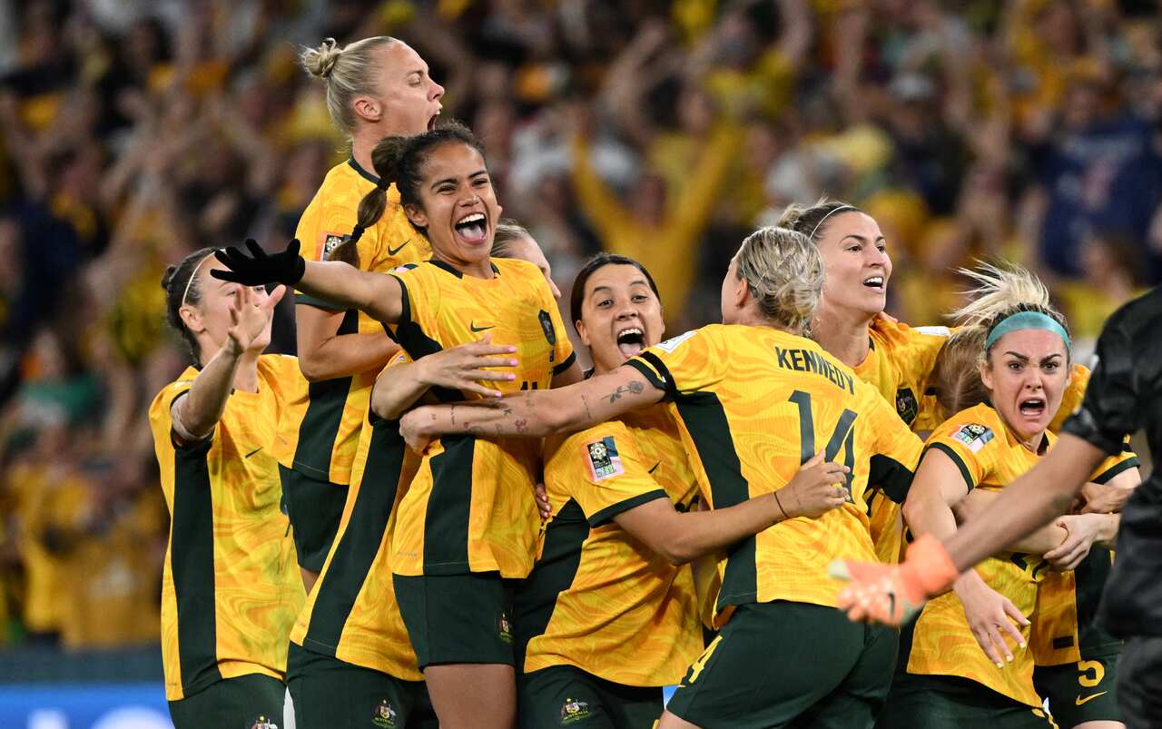 The Matildas football team celebrating on the field.