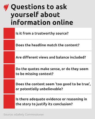 A data visualisation with the headline 'Questions to ask yourself about information online'. The list includes Is it from a trustworthy source?, Does the headline match the content?, Are different views and balance included?, Do the quotes make sense, or do they seem to be missing context?, Does the content seem ‘too good to be true’, or potentially unbelievable? , Is there adequate evidence or reasoning in the story to justify its conclusion?