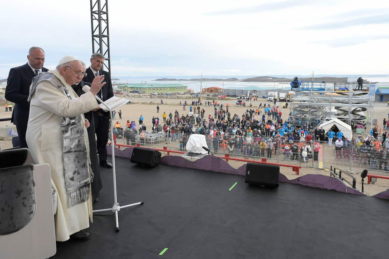 Pope Francis at a meeting with indigenous people at a primary school in Nunavut, Canada.