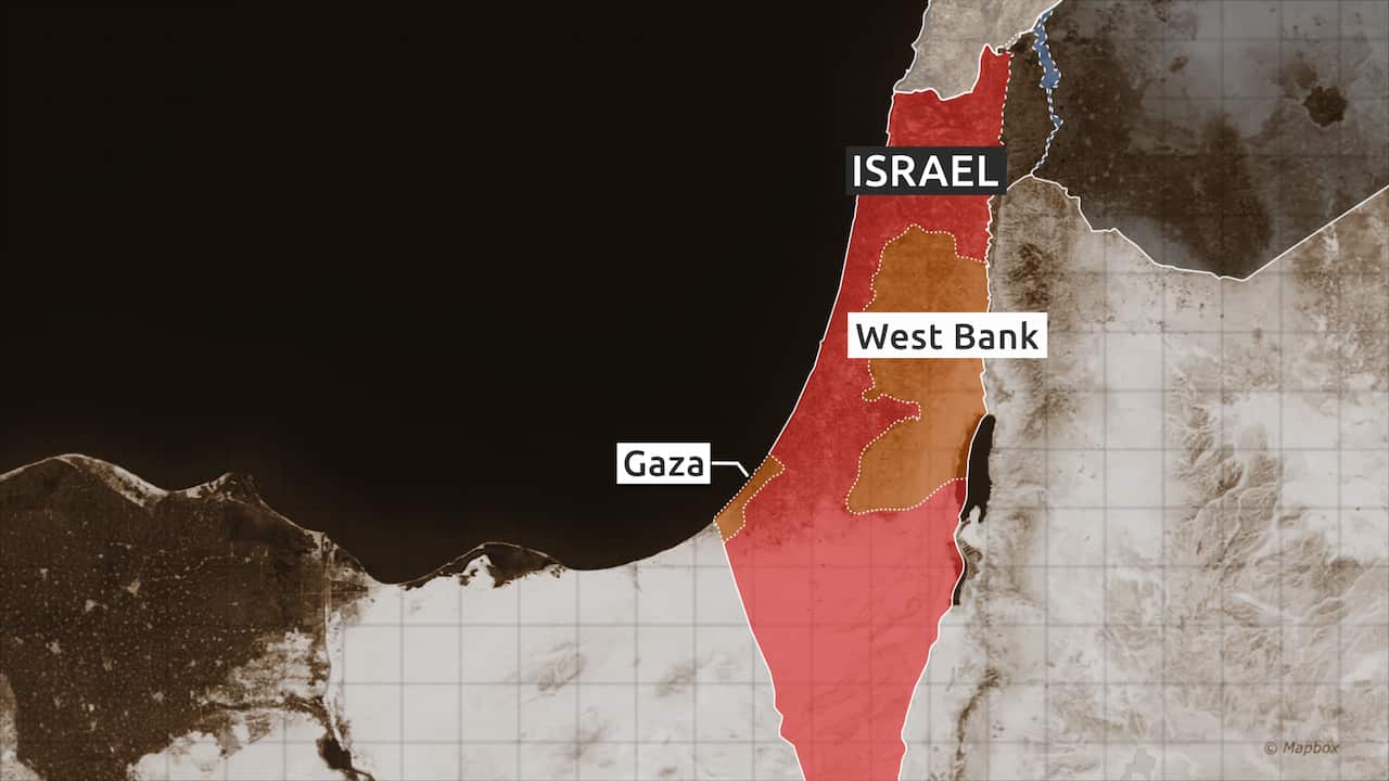 Map showing Israel, Gaza and the West Bank. 