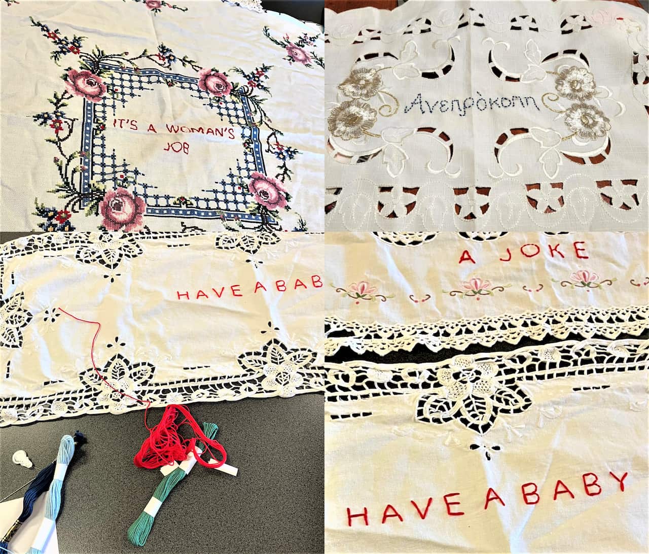 Embroidery by participants in a workshop by Sonia Zymantas that took place in June 2025 at the "Demokritos" Labor Union hall in Melbourne / SBS Greek: Panos Apostolou