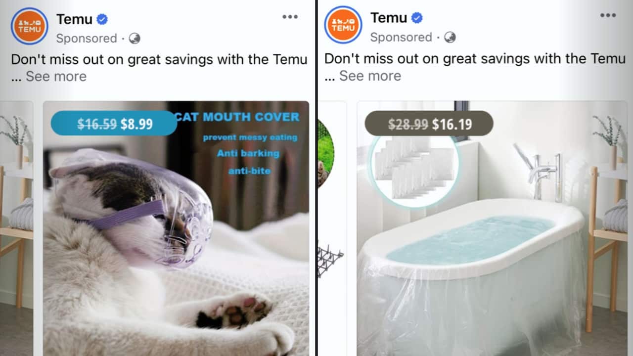 Two side by side screenshots of items advertised on shopping app Temu. One is a cat mouth cover, the other is a bath cover.