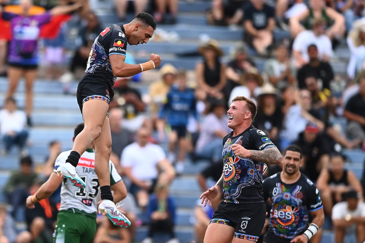 Tyrell Sloan celebrating the opening try