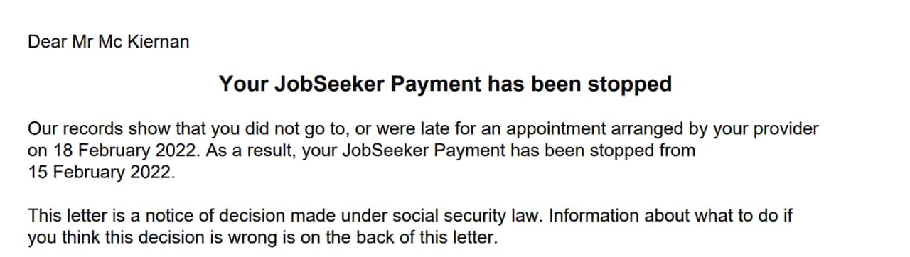 A letter Jesse received from Centrelink stating that his JobSeeker Payment had been stopped. 
