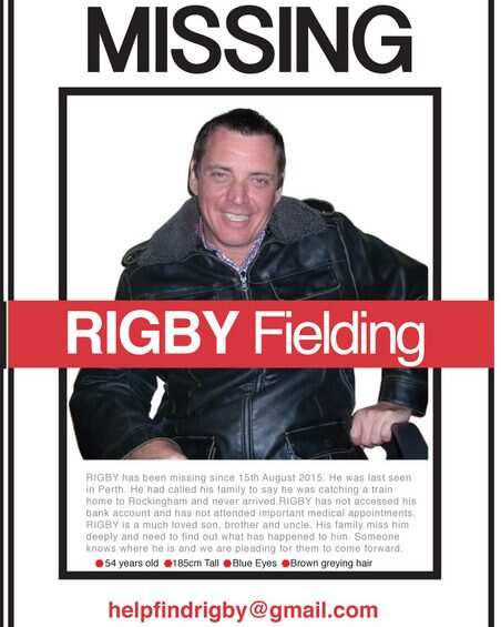 A poster drawing attention to a missing person. It includes a photo of a man and the words 'Rigby Fielding'.