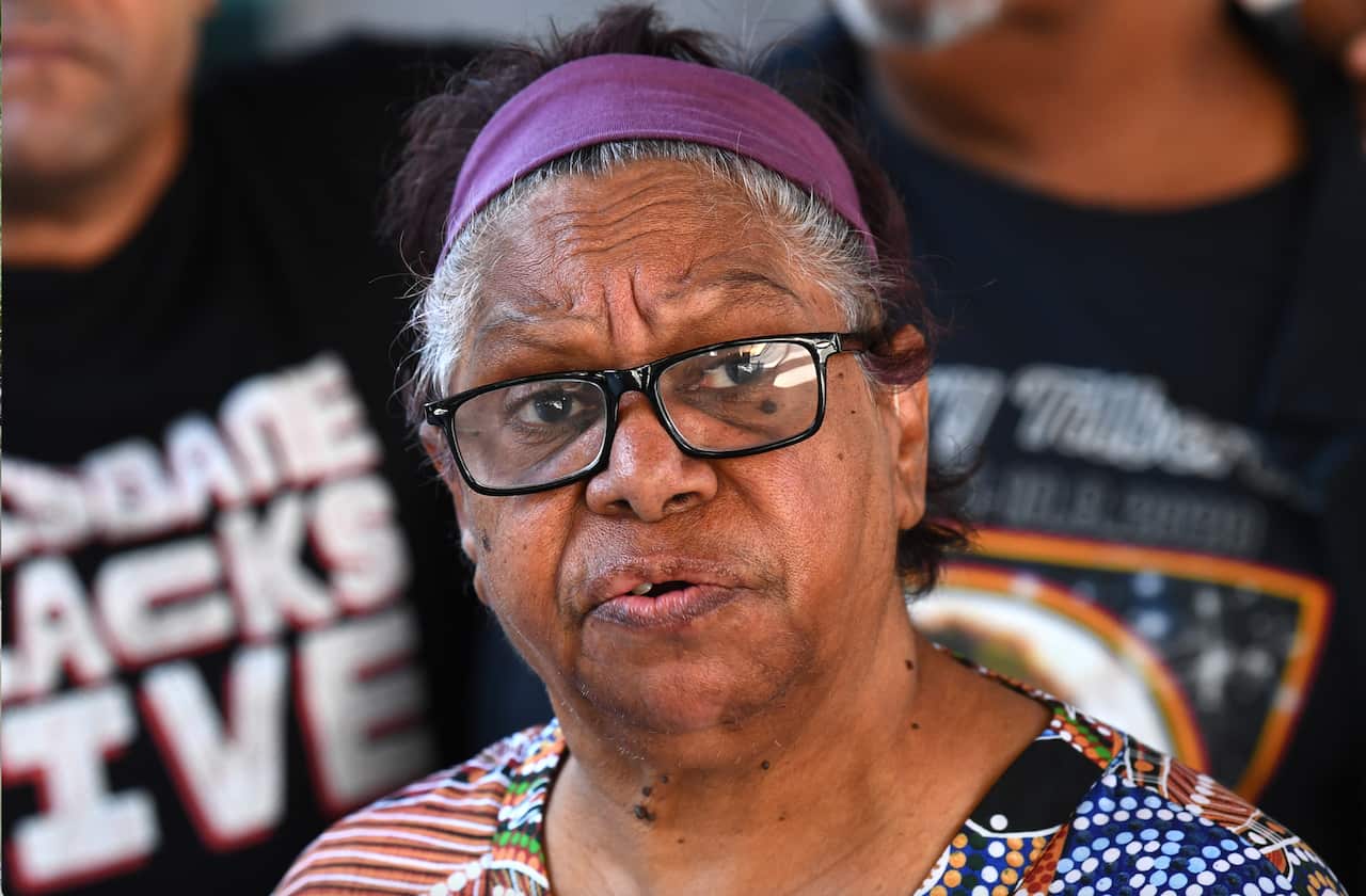 Davina Tilberoo talks to the media with family and supporters representing Shiralee Tilberoo, outside court, during a joint inquest for two Indigenous women who died in custody, Brisbane Coroners Court, in Brisbane, Tuesday, March 7, 2023. 