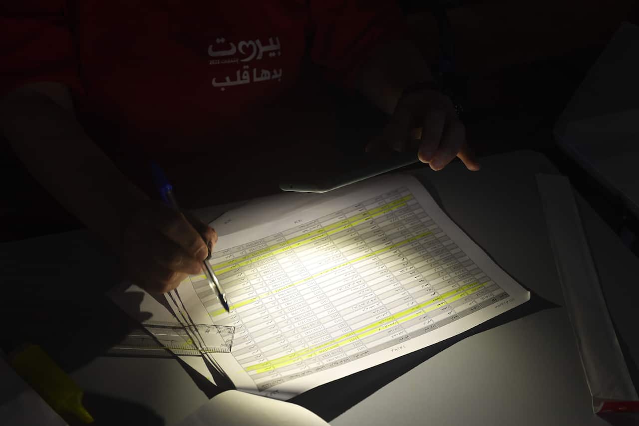 A flashlight is shone on a paper with highlighted rows. 