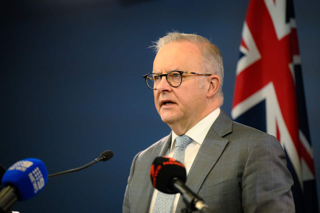 Anthony Albanesese, wearing a grey suit, talking behind microphones