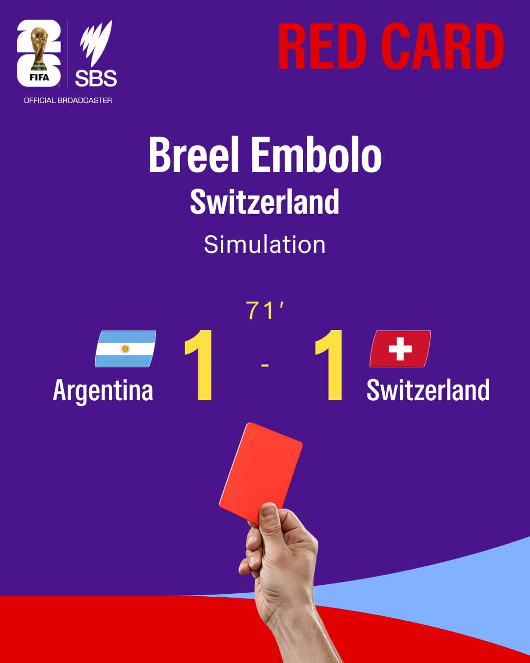 Colourful graphic showing a red card in the Argentina v Switzerland quarter final match at the World Cup 2026.