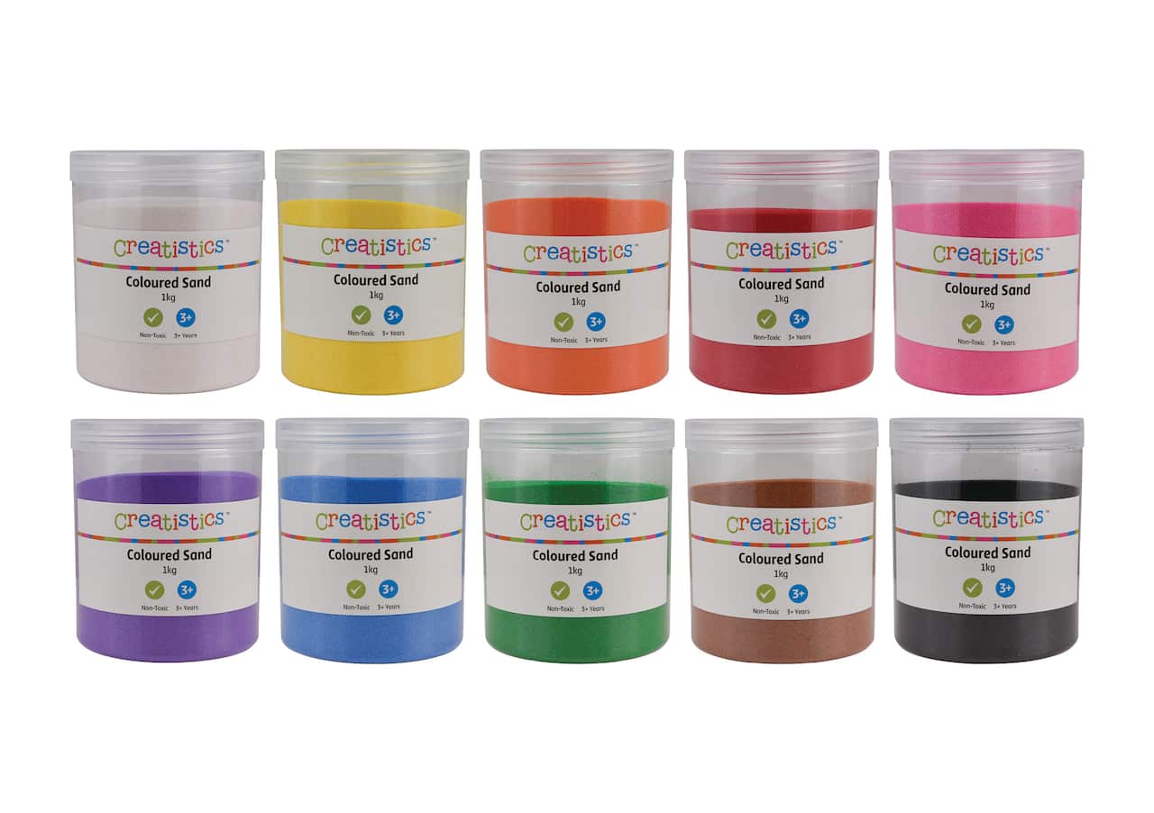 Plastic tubs of different coloured play sand