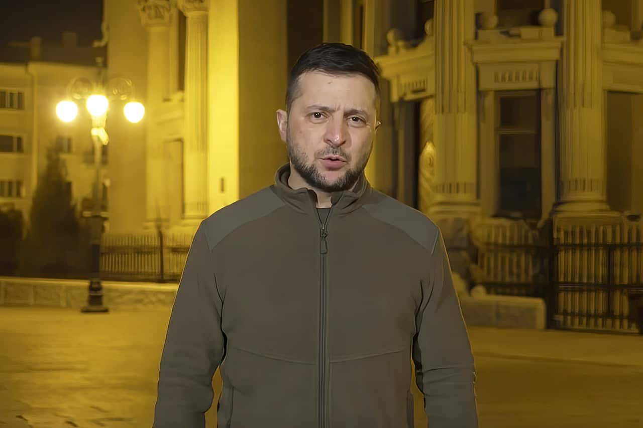 An image from video provided by the Ukrainian Presidential Press Office of President Volodymyr Zelenskyy speaking from Kyiv, Ukraine, early Saturday, 18 March 18, 2022.