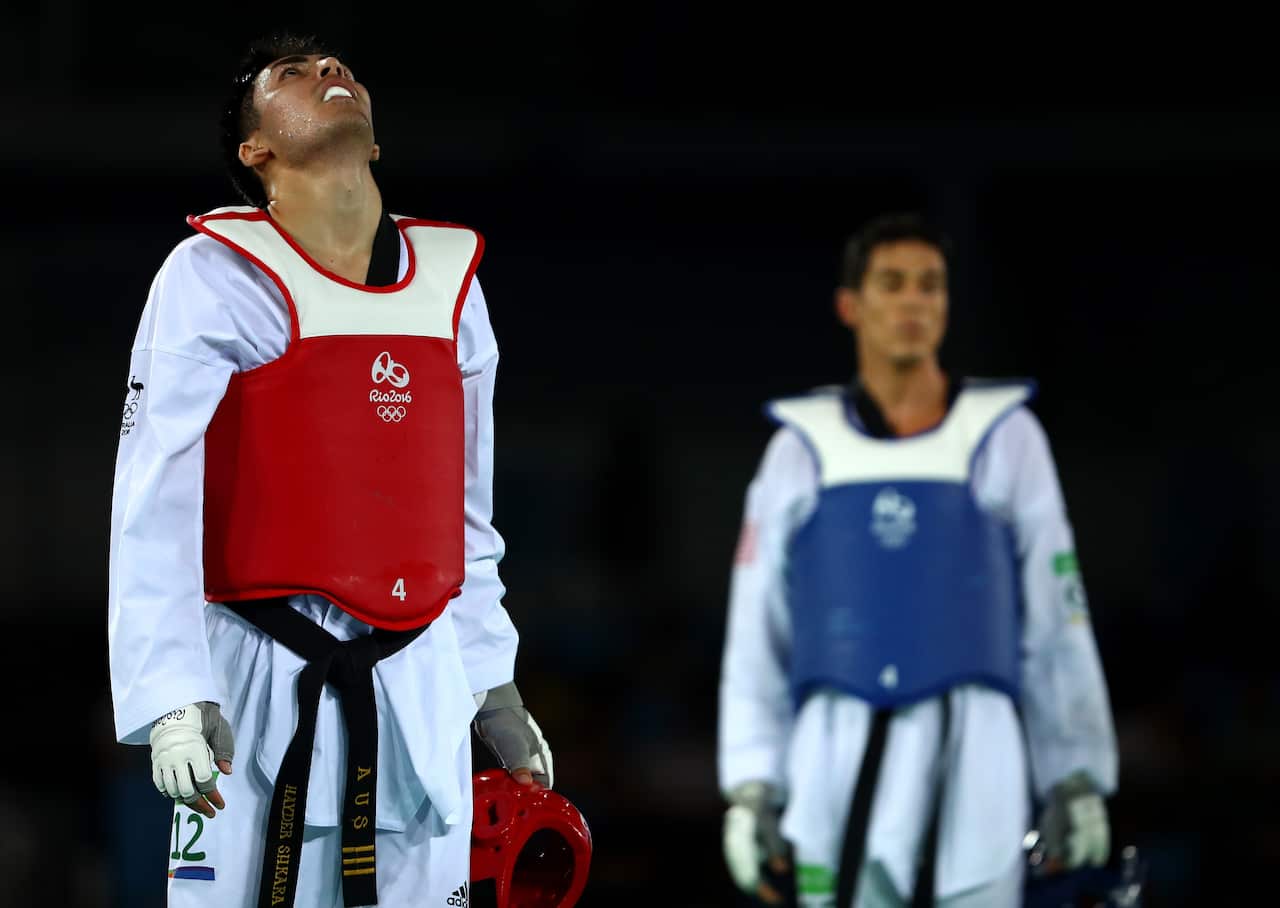Hayder Shkara in his taekwondo uniform at the Rio Olympic Games.
