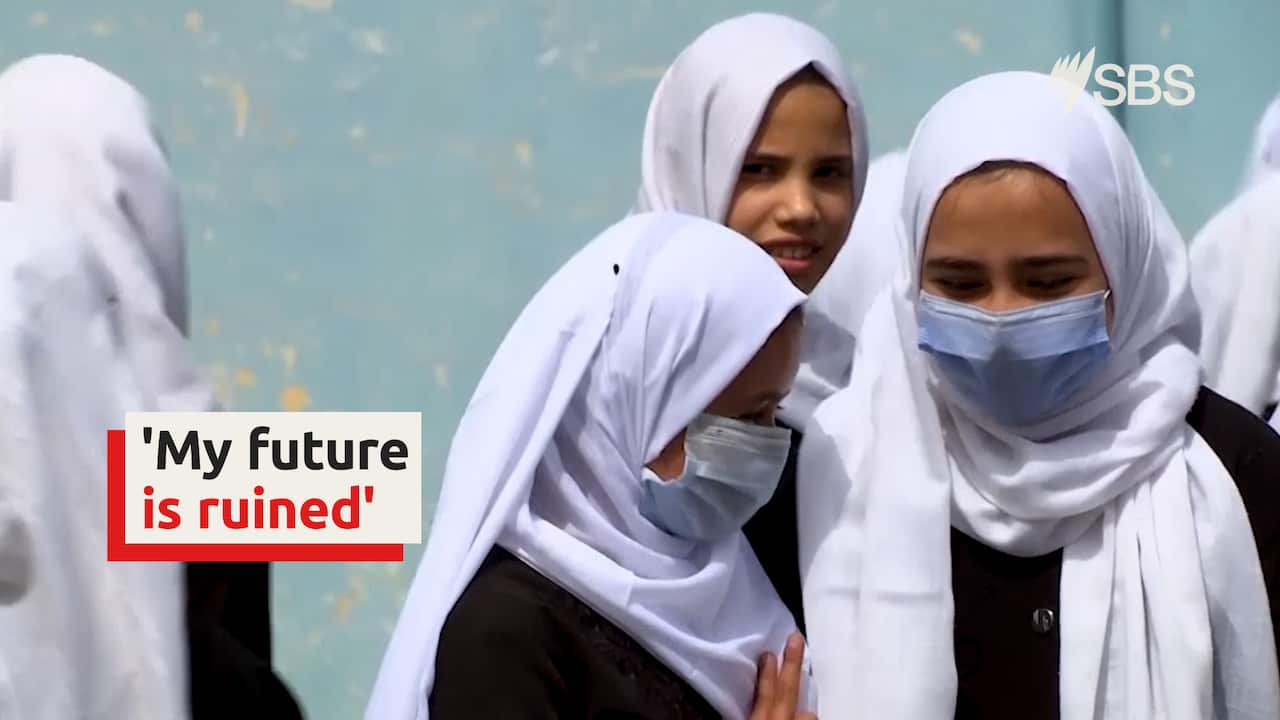 A young girl in hijab looks straight ahead while other schools talk to one another