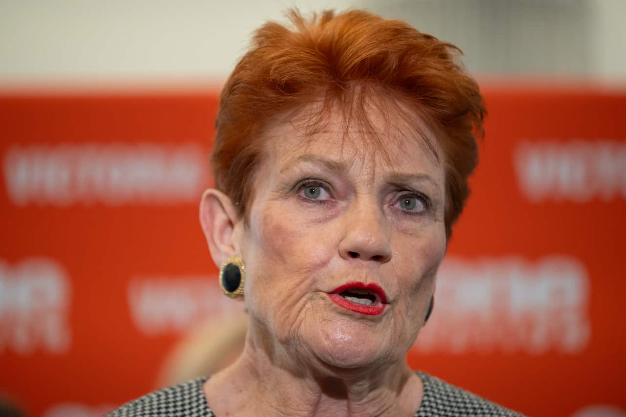 Pauline Hanson, standing in front of a red board with the One Nation logo visible in the background.