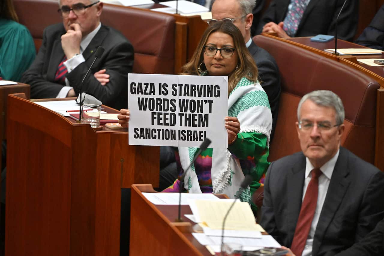 A woman holds up a sign in a parliament chamber that reads: "Gaza is starving. Words won't feed them. Sanction Israel".