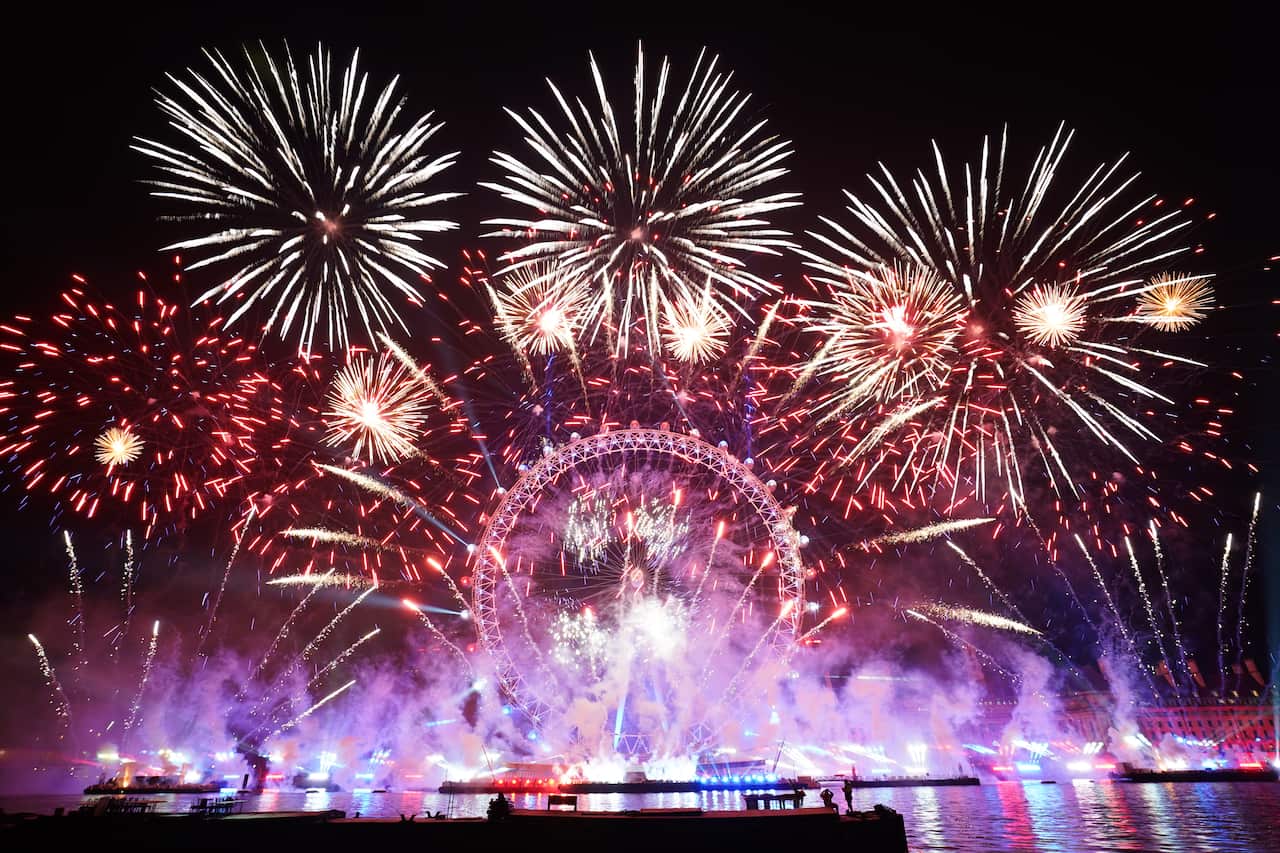 Fireworks over London Eye.