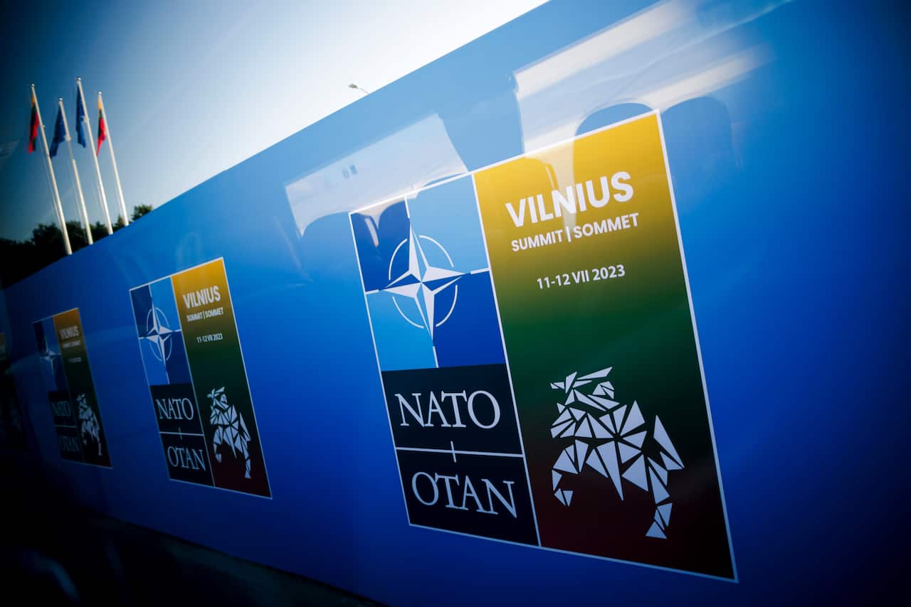 Close up of banner for NATO summit in Vilnius, Lithuania. 
