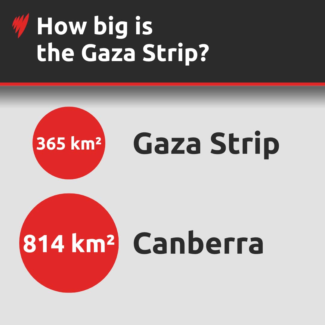 A chart showing the size difference in square kilometres between 365km Gaza Strip and 814km Canberra.