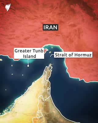 A map showing Iran, the Strait of Hormuz and Greater Tunb Island.