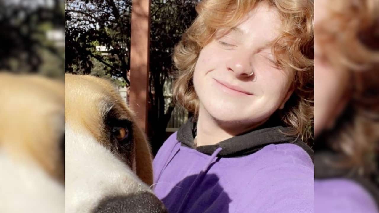 a selfie of a young man in a purple hoodie and a beagle dog in a park