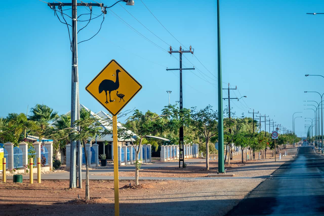 Caution - emus sign on a small town street.