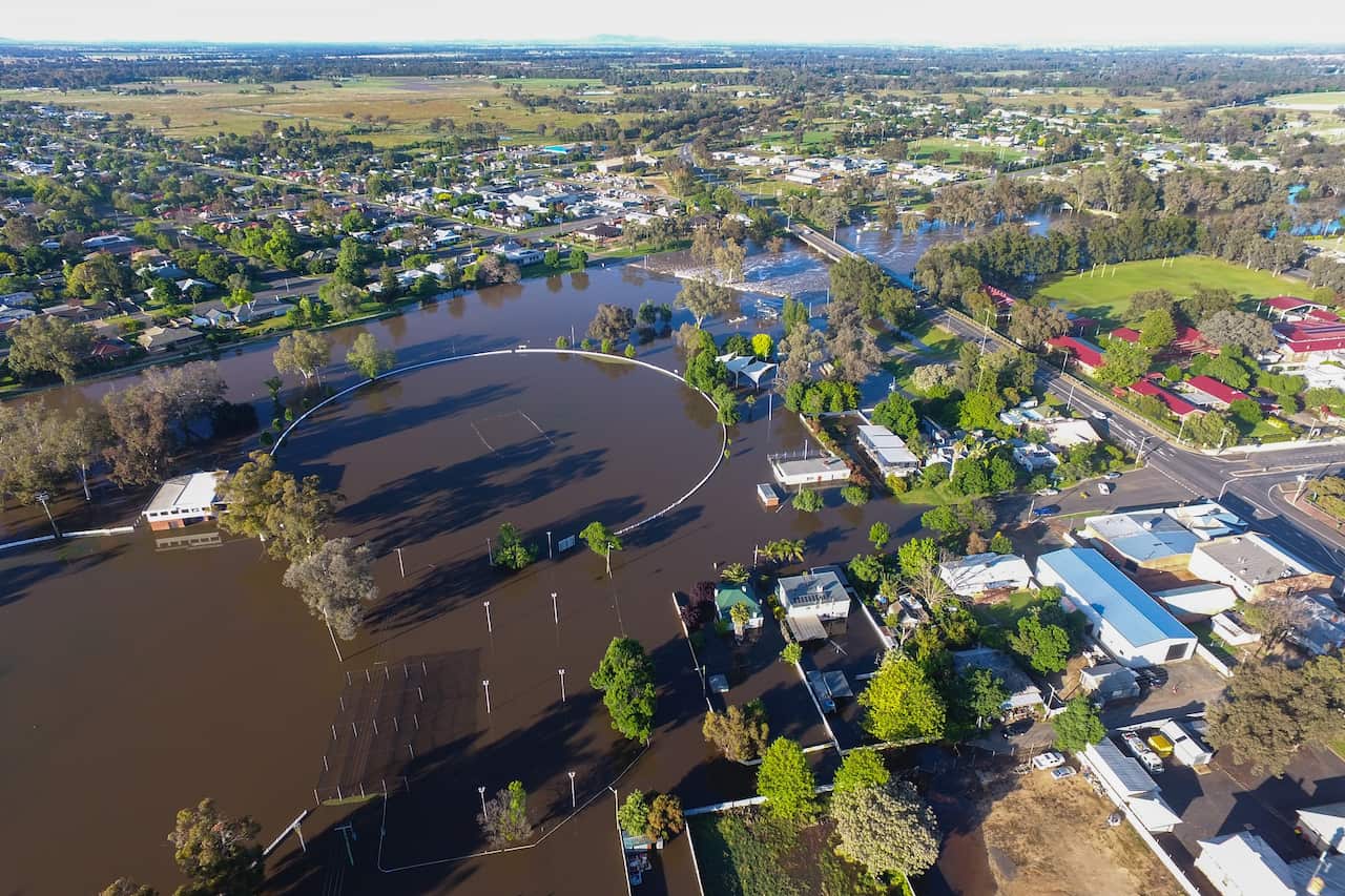 An aerial view of floodwaters impacting the town of Forbes in the Central West of NSW on 4 November 2022. 