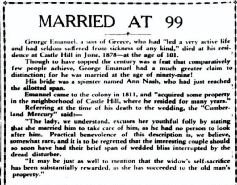 A newspaper article with the headline 'Married at 99'. 