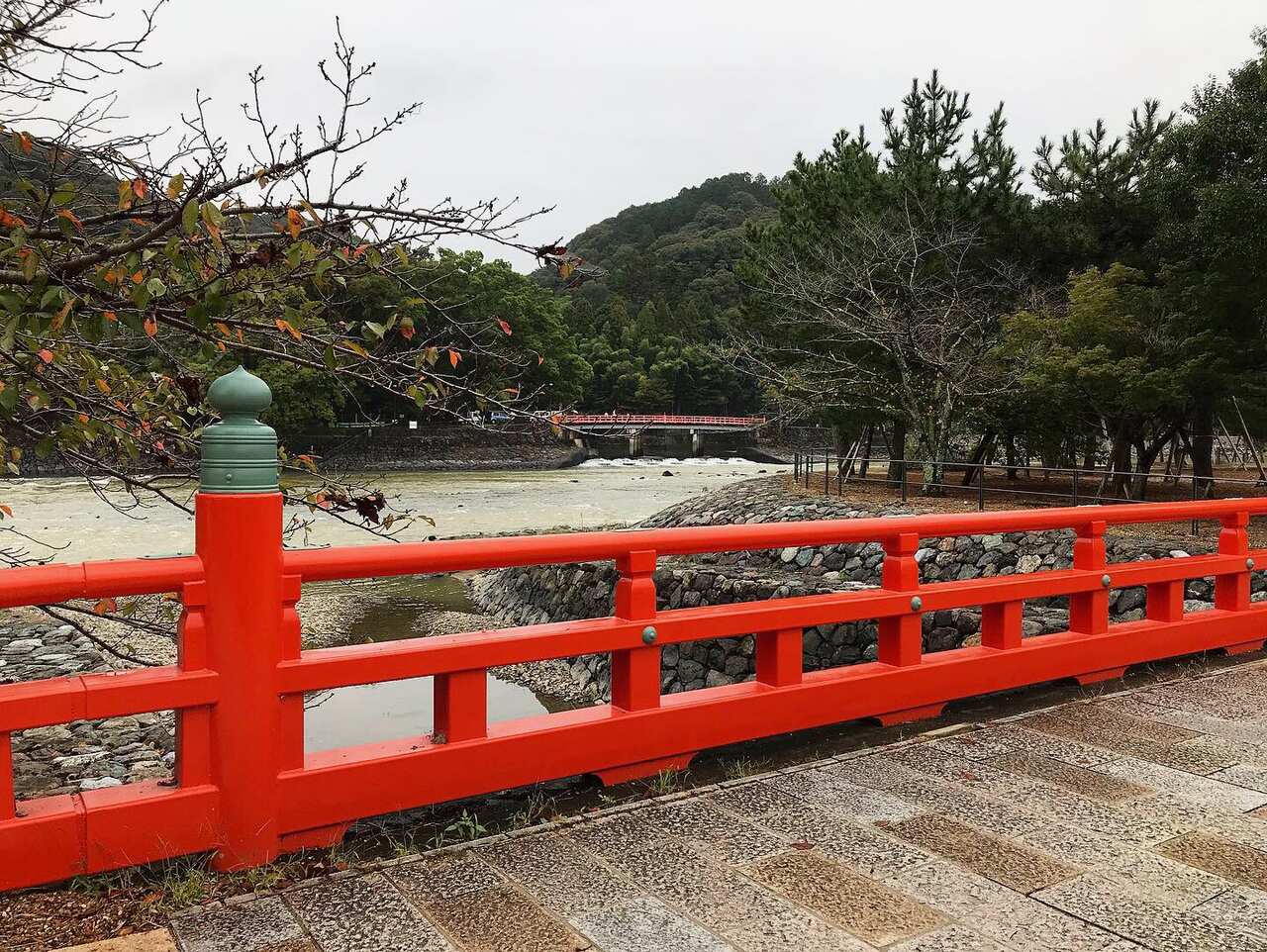 Red bridge and stream.