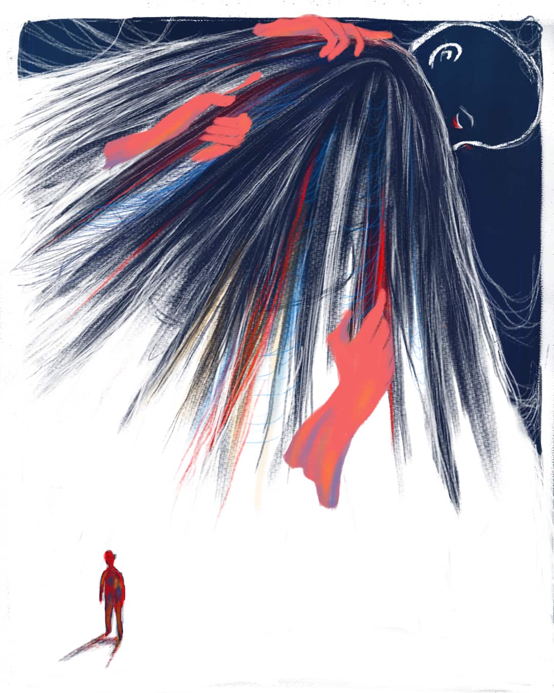 An illustrated image of a young boy pulling sheets over him while disembodied red hands reach out and try to pull them back. In the foreground is a small abstracted figure of an adult man.