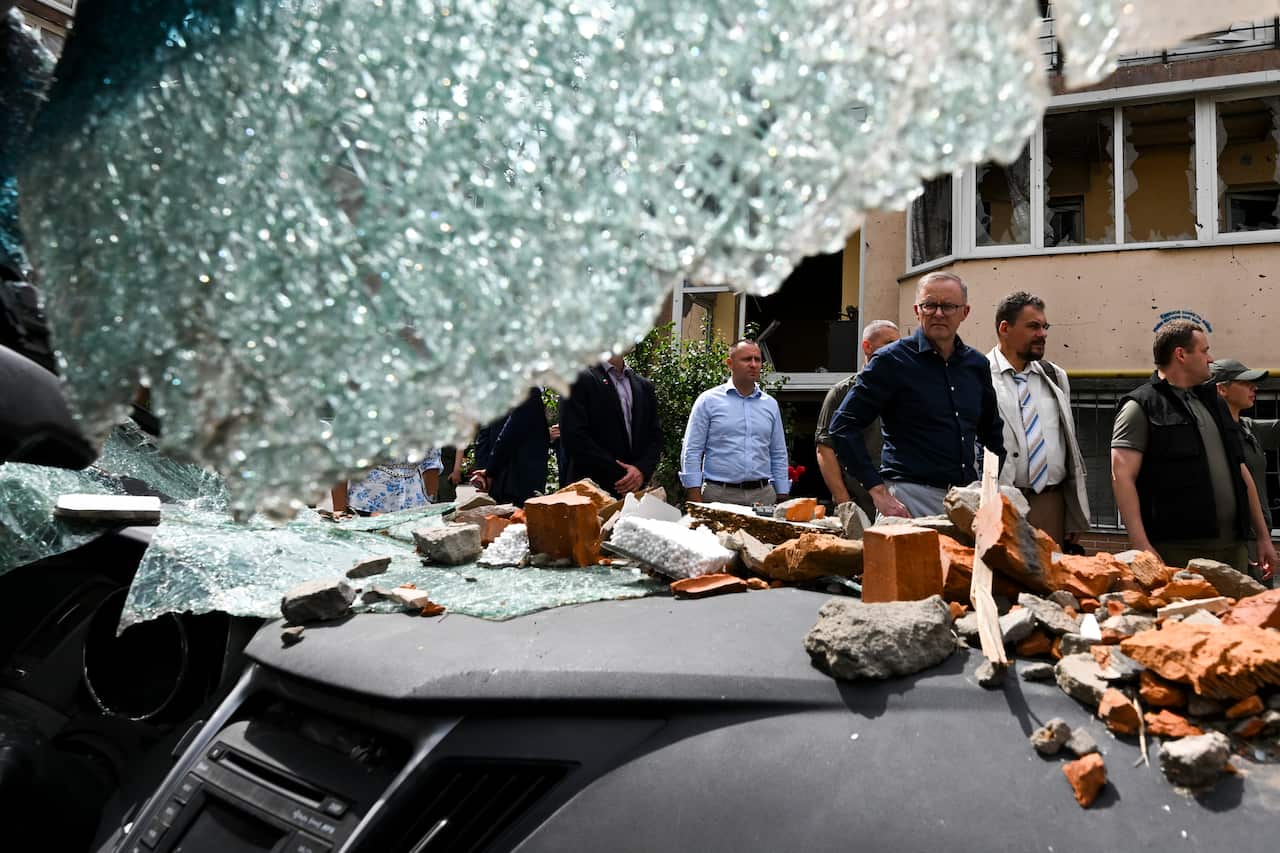 Anthony Albanese tours damaged residential areas in Irpin on the outskirts of Kyiv, Ukraine.