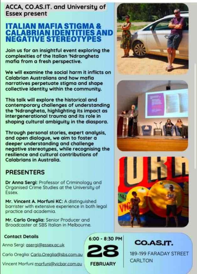 Il volantino dell'incontro al Coasit di Melbourne dedicato allo stigma che circonda la comunità calabrese in Australia.