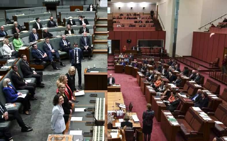 A split image of the House of Representatives on the left and the Senate in federal parliament on the right.