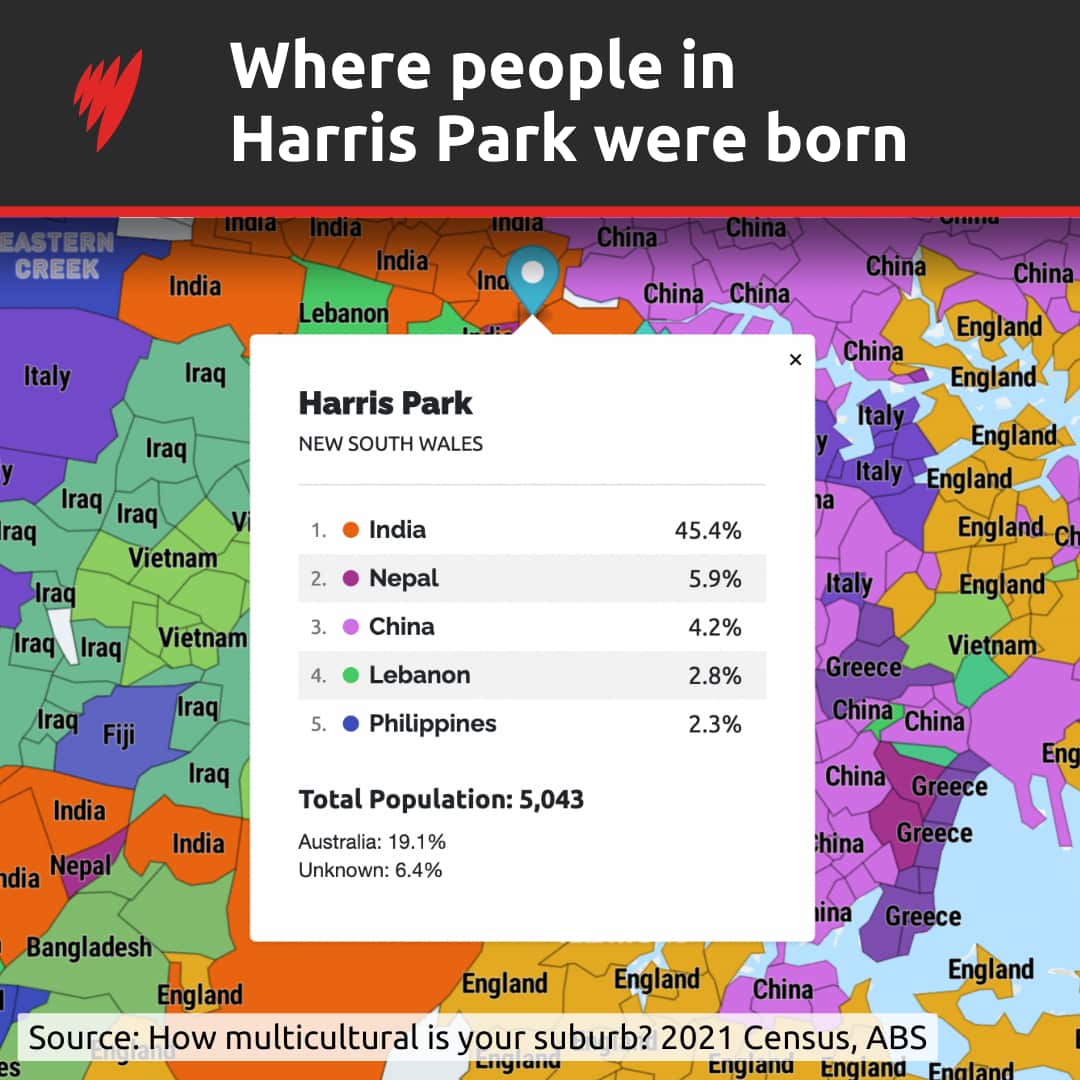A map showing the breakdown of where residents in Harris Park were born. 
