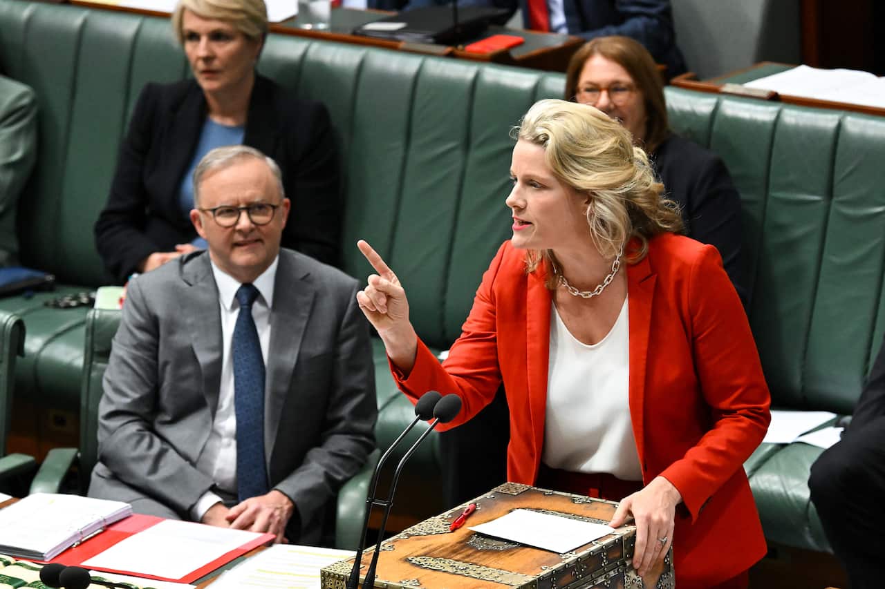 Clare O'Neil, wearing a red jacket over a white shirt, points as she speaks in question time.