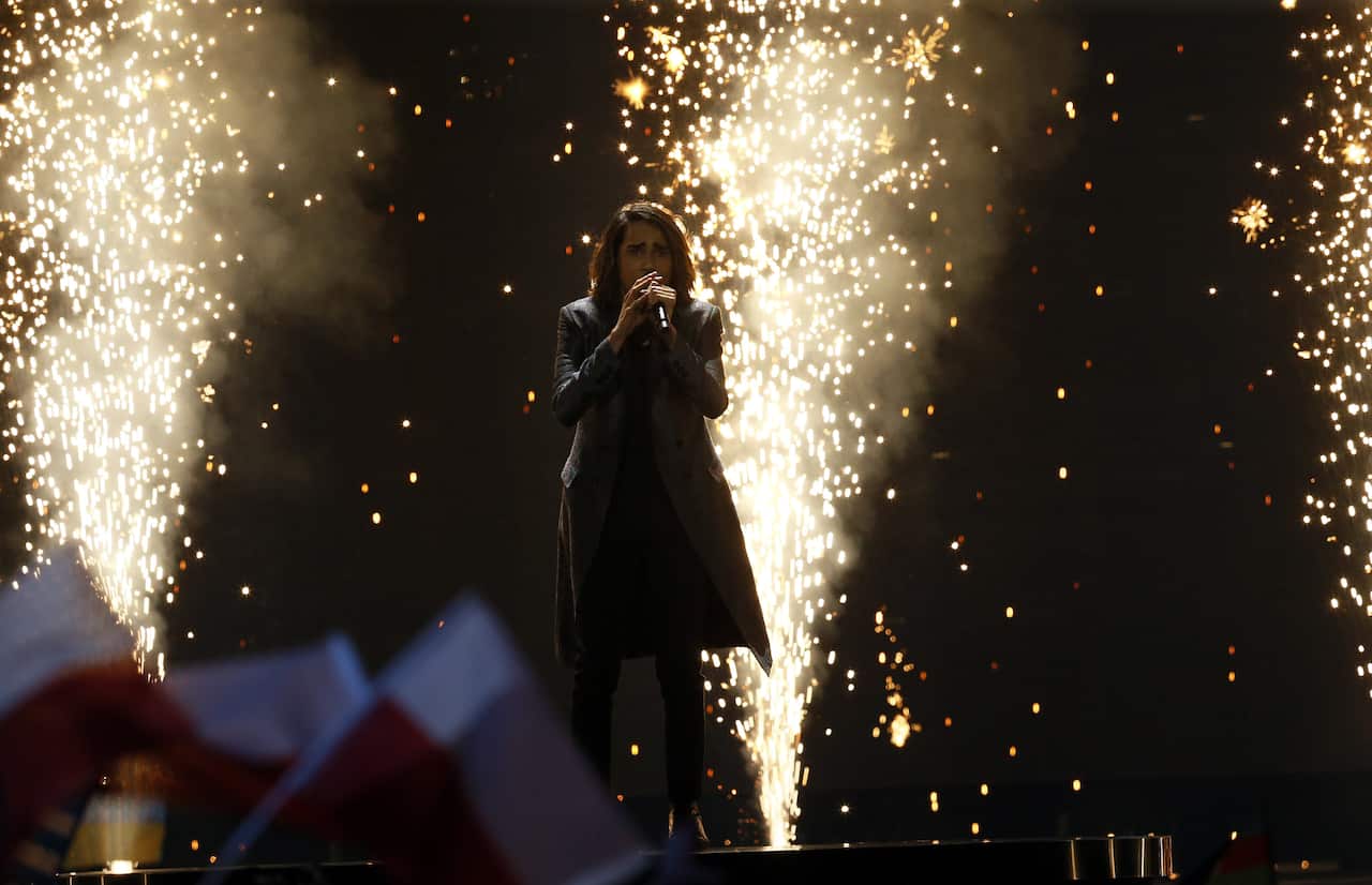 Isaiah Firebrace on stage at the Eurovision song contest singing his entry 'Don't Come Easy.'