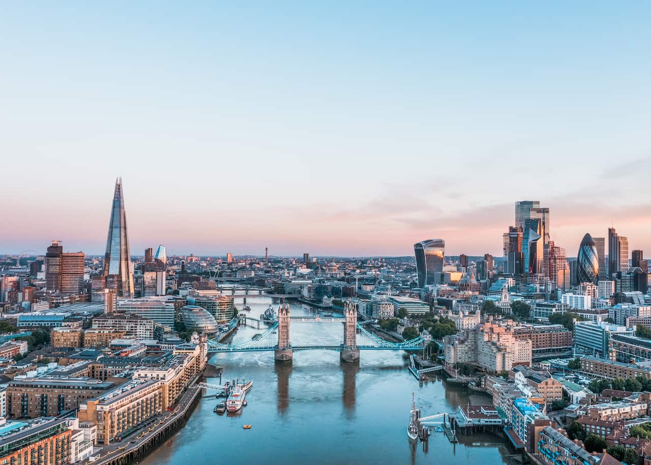 An aerial view of London looking down the River Thames