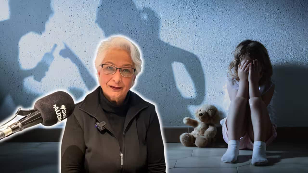 Graphic art of a woman dressed in black next to a microphone with a background of a crying child.