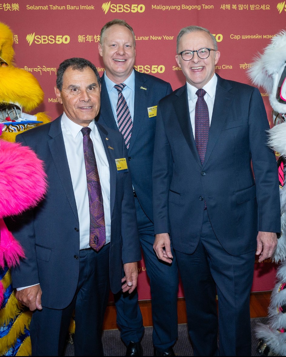 (L-R) SBS Chairman of the Board George Savvides AM,  SBS Managing Director James Taylor with Prime Minister Anthony Albanese
