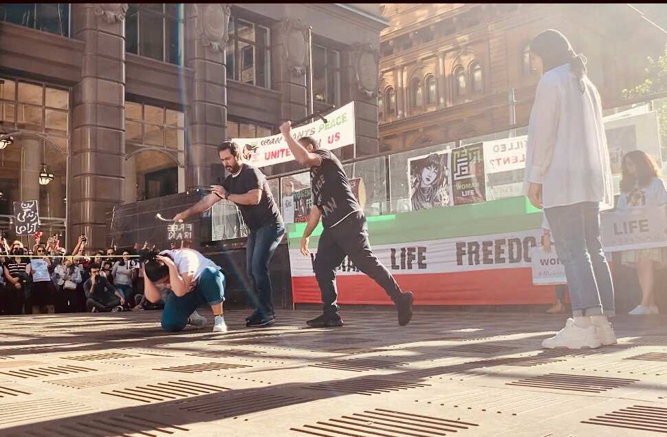 A performance by a group of Iranian artists, showcasing the suppression of women in Iran- Martin Place, 15 Oct